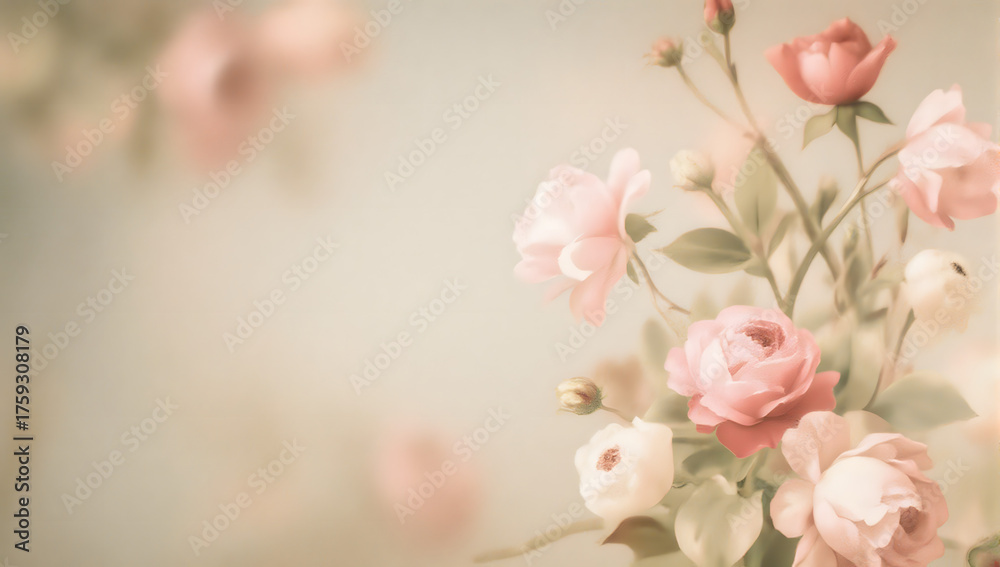 Fototapeta premium Floral Flourish: A delicate composition of soft, romantic roses, capturing the essence of spring with their gentle pastel hues.