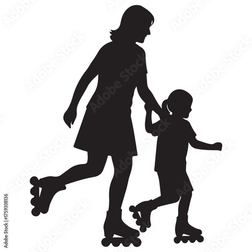 Black Vector Silhouette of Adult and Child Roller Skating, White Background