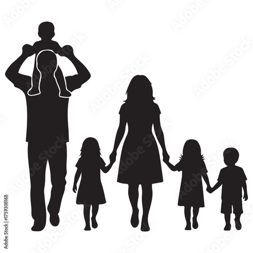 Black Silhouette Vector Illustration of a Family Walking Together