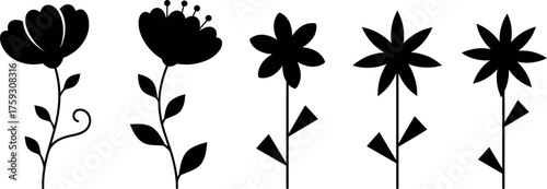  Vector art of set of five stylized black silhouette flower icons with stems and leaves