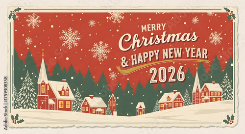Vintage Merry Christmas and Happy New Year 2026 Greeting Card with Snowy Village Scene