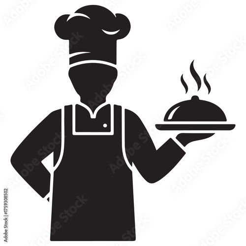 Flat Design Black Chef Icon with Steaming Food Cloche