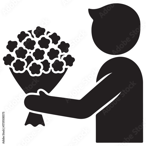 Black Silhouette Icon of Person Presenting a Flower Bouquet