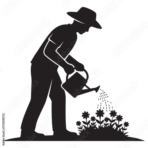 Minimalist Black Silhouette Gardener Watering Flowers with Hat Graphic