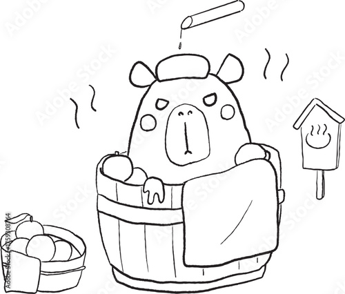 柚子湯に浸かるカピバラのイラスト｜Capybara in a Yuzu Hot Bath