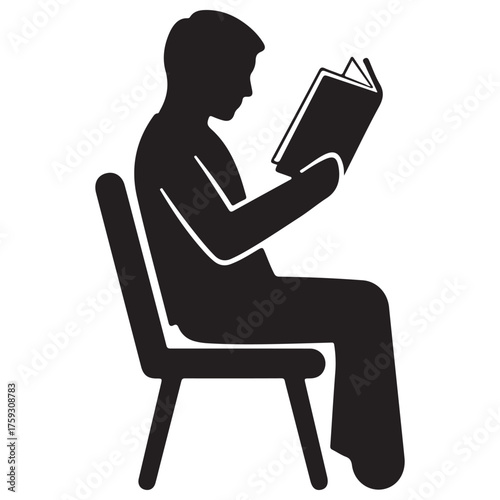 Monochromatic Silhouette Icon of Person Reading Book, Flat Design Style