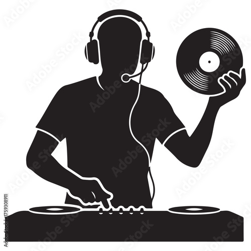 Black Silhouette DJ Mixing Music with Vinyl Record and Turntables