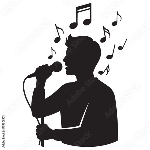 Minimalist Black and White Singer Silhouette with Floating Music Notes