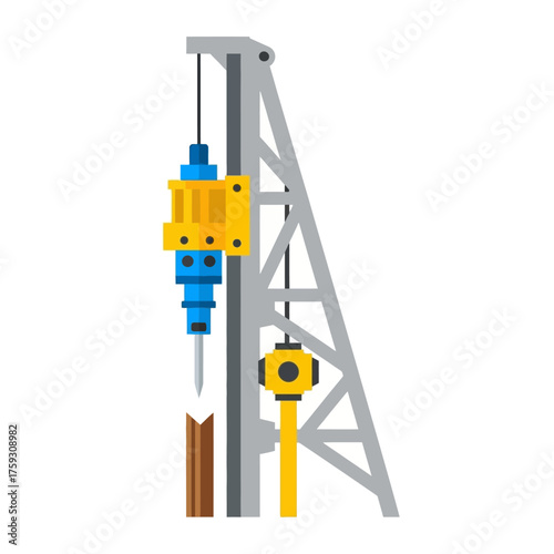 Pile Driver Construction Equipment Illustration for Foundation Work.