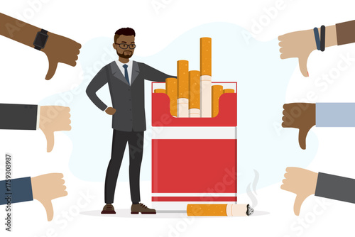 Businessman stands with pack of cigarettes. Male smoker holds tobacco. People hands are making gestures – thumbs down, not cool. Bad habits are not fashionable. Quit smoking
