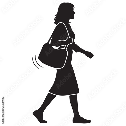 Black Silhouette Vector of Woman Walking with Handbag Side Profile