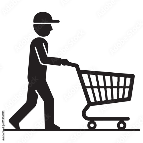 Black Silhouette of Person Pushing Shopping Cart Icon Design