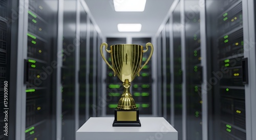 Golden trophy in a high-tech data center, symbolizing peak performance, technological achievement, and success in digital infrastructure and data management