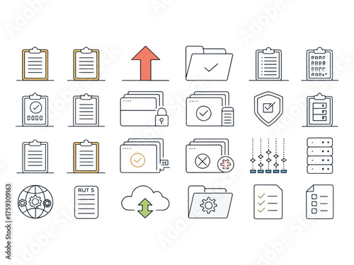 Collection of Data Management and Business Process Icons Representing Organization Efficiency and Technological Solutions for Modern Companies