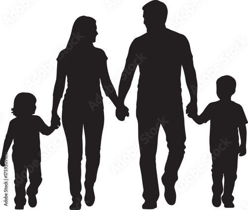 Silhouette of a family walking hand-in-hand, parents with two children holding hands on transparent background