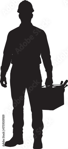 Silhouette of a construction worker in hard hat holding a toolbox builder manual labor on transparent background