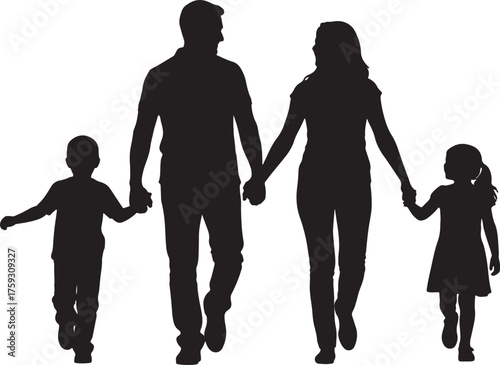 Silhouette of a family walking hand in hand with two children on a white background holding hands parents on transparent background