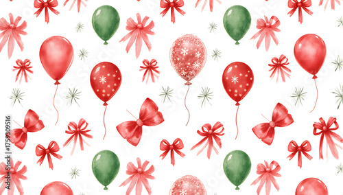 Festive balloons and bows background: A delightful arrangement of red and green balloons floats gracefully among elegant red bows, creating a vibrant festive design. 