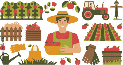 Cartoon Illustration of an Apple Orchard Featuring a Smiling Farmer, Tractor, and Harvested Apples