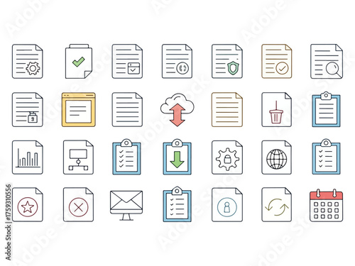 Collection of documents and file icons in line art style representing business administration and file management processes