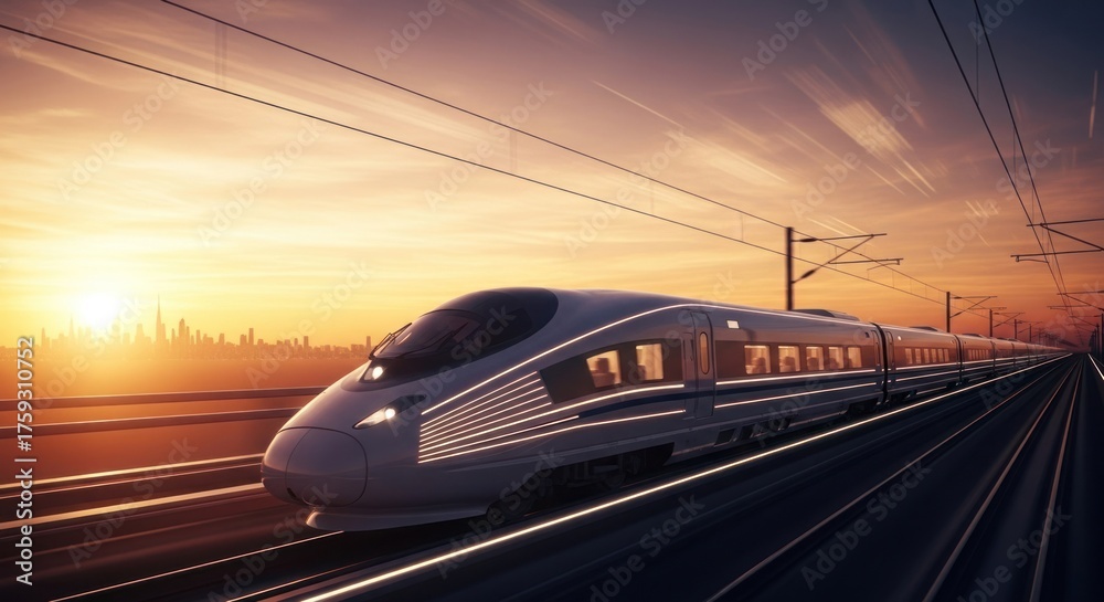 Fototapeta premium Fast modern train speeding across tracks at golden sunset