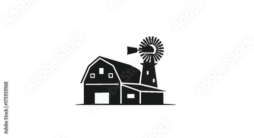 Iconic barn and windmill silhouette on a clean white background, representing rural life and agriculture.