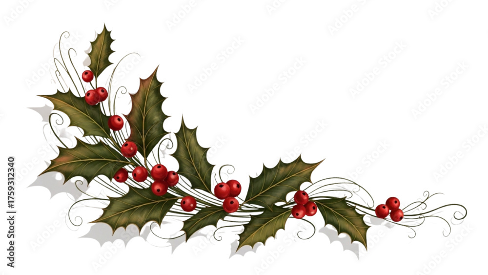 Fototapeta premium Christmas Holly Leaves and Berries Corner Decoration