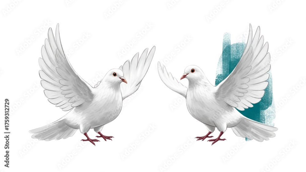 Obraz premium Elegant pair of white doves in flight, with outstretched wings, embodying peace, love, and freedom, rendered as a serene illustration