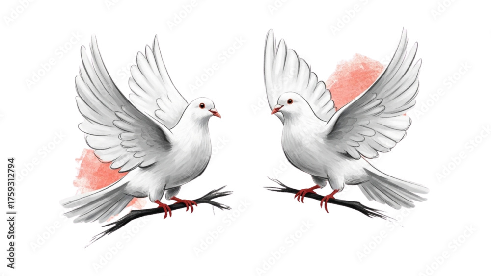 Obraz premium Elegant Pair of White Doves Perched Gracefully, Symbolizing Peace, Love, and Hope with Artistic Watercolor Accents