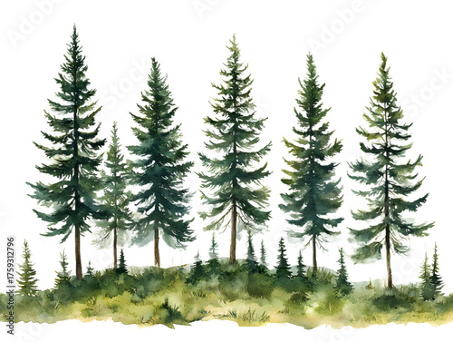 A dense forest of tall evergreen trees with lush undergrowth isolated on transparent background