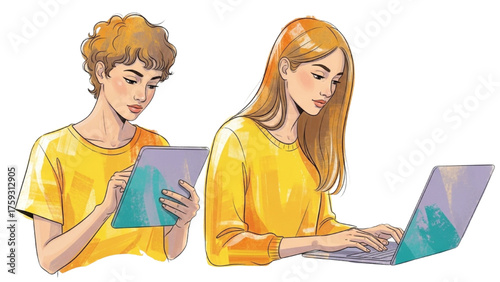 Two young students, a boy and a girl, deeply engaged in online learning with a laptop and a tablet