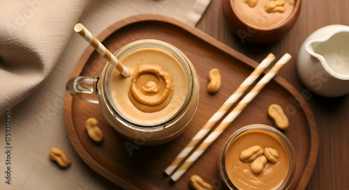 Delicious Peanut Butter Smoothie with Straws and Peanuts on a Wooden Tray