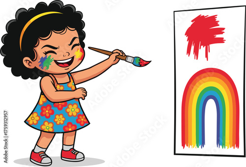 Child painting rainbow on canvas, colorful art scene, curly hair character in floral dress, creative expression vector, joyful cartoon illustration