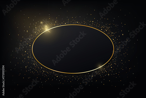 Gold shiny glowing vintage frame with shadows on dark glitter ambient background. Golden luxury realistic oval border with stars. Invitation, sale, party, card design. Vector illustration