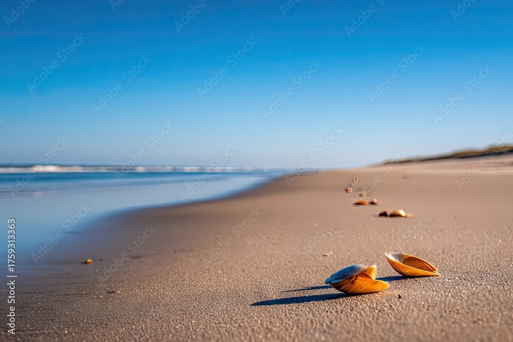 Obraz premium Seashells lying on sandy beach under a clear blue sky