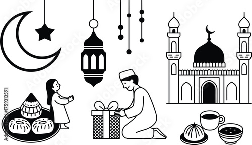 Eid celebration vector, mosque illustration, crescent moon and star, lanterns hanging, gift exchange scene, traditional sweets, Islamic festival, family bonding, festive decor