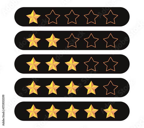 Gold five star rating icon set on transparent background. Vector Illustration flat icon with lighted yellow golden and line stars for reviews, feedbacks products and services.