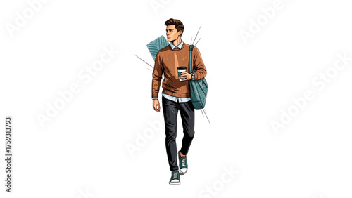 Young man in casual clothing carrying a messenger bag and coffee cup
