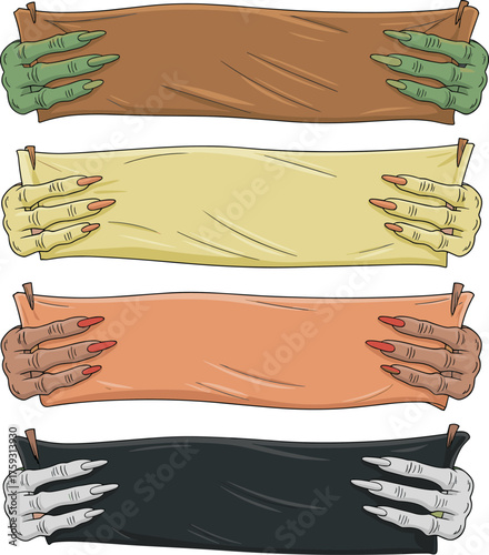 Fantasy banner vector set, clawed hands holding colorful horizontal scrolls, Halloween-themed design, stylized nail detail, spooky decorative illustration