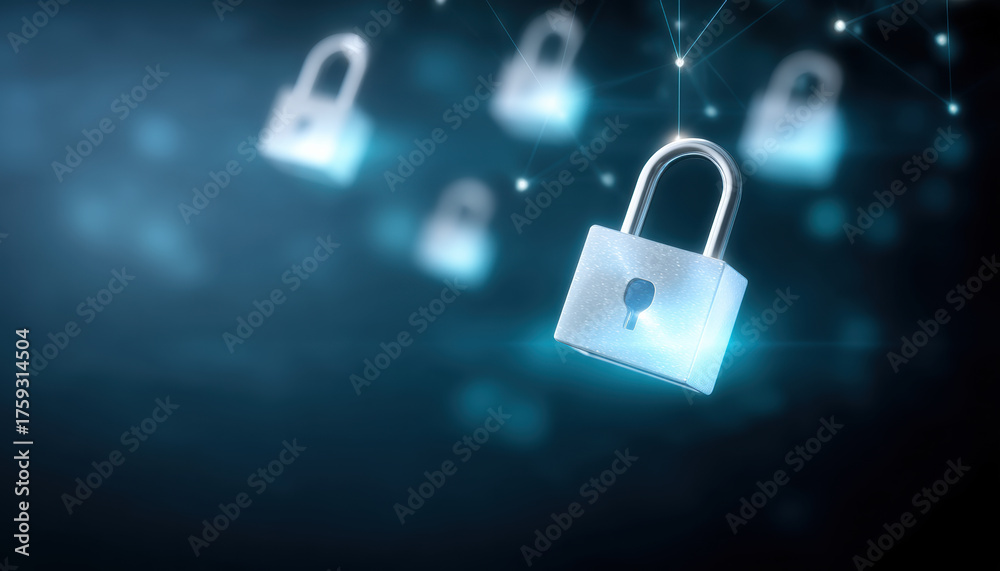 Fototapeta premium Secure lock network phishing concept digital security padlock glowing connection protecting data and preventing cyber attack emotion of vigilance