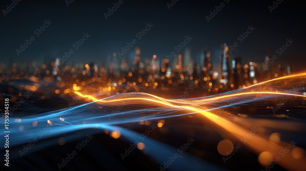 Fototapeta premium Futuristic City Data Stream Waving Technology Connectivity Network
