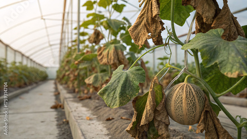 melons growing in greenhouse with yellowing leaves due to nutrient deficiency