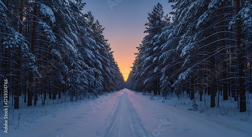 A snow-covered forest road leads towards a vibrant sunset, creating a symmetrical and serene winter landscape.