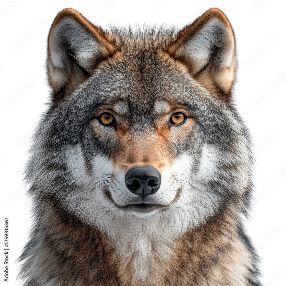 Obraz premium Portrait of a gray wolf looking at camera wildlife isolated transparent background.