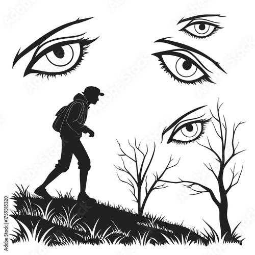 Vector art of vector illustration of a man hiking with eyes