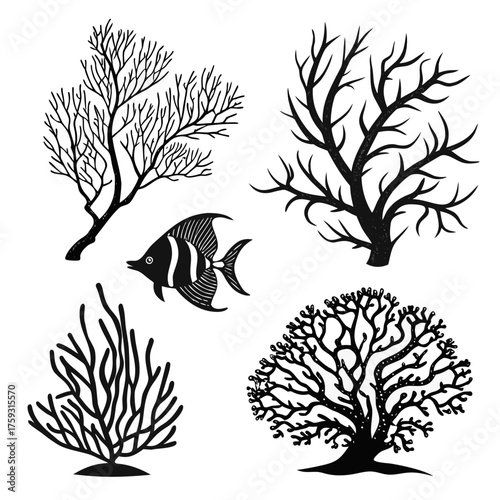 Vector art of black and white vector illustration of coral reef with fish