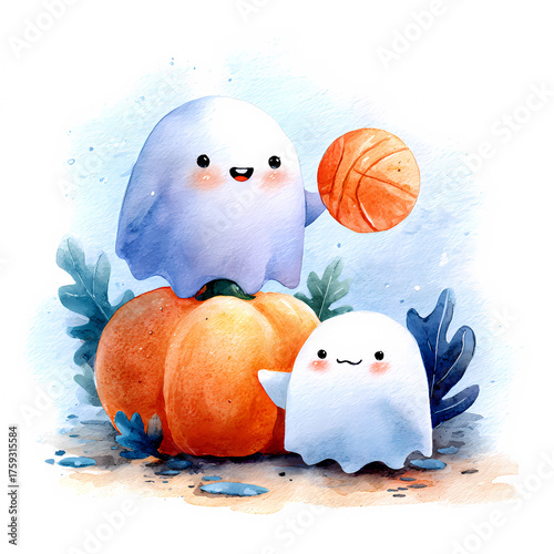 Playful ghosts having fun with a basketball in a whimsical Halloween, autumn scene. Watercolor illustration