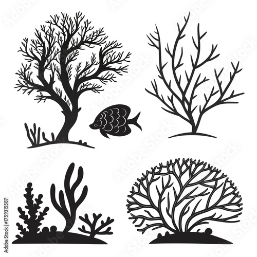 Vector art of black and white vector illustration of coral reef with fish