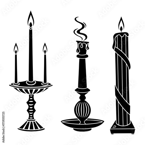 Vector art of three candle holders in black and white style