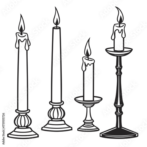 Vector art of four candle holders in black and white style